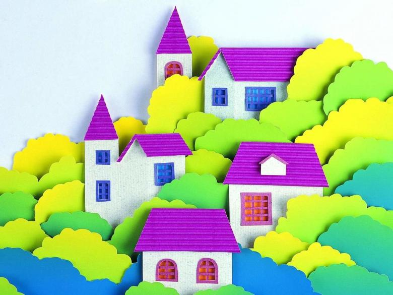 Аппликация домов из картона и цветной бумаги
