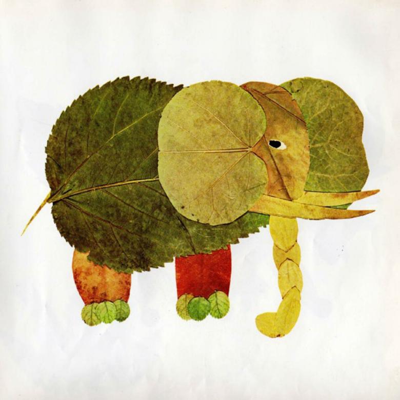 Аппликация слона из листьев и цветной бумаги 