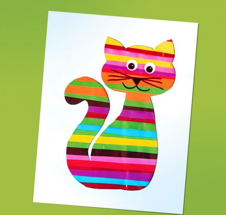 Аппликация кошки из картона и цветной бумаги