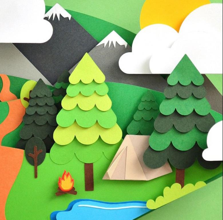 Аппликация леса из картона и цветной бумаги